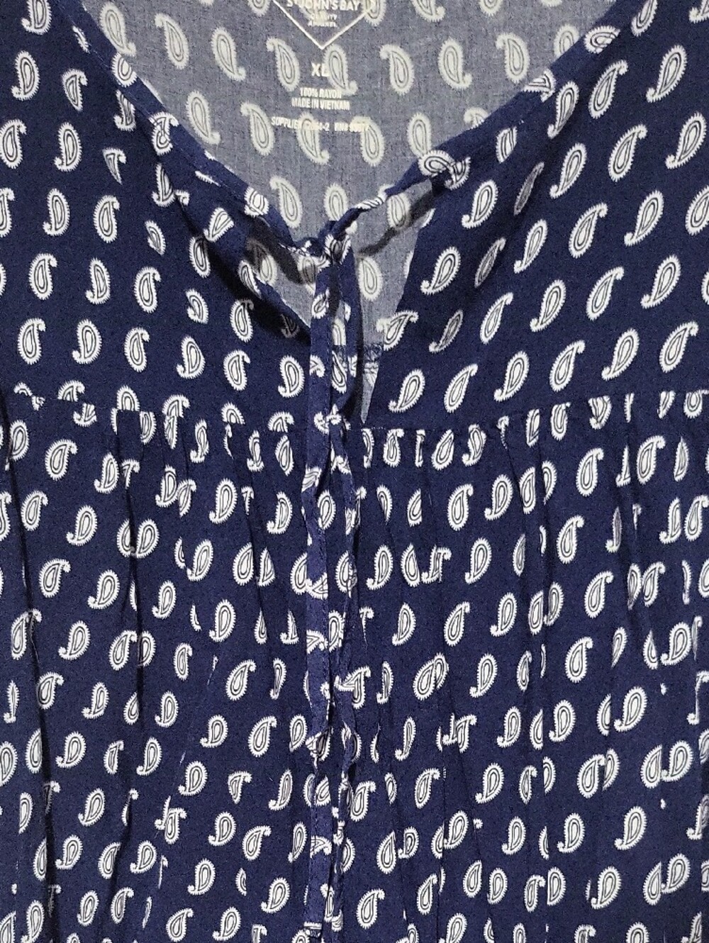 St. John's Bay Navy and White Paisley Tie-Front Short Sleeve Blouse - Picture 3 of 6
